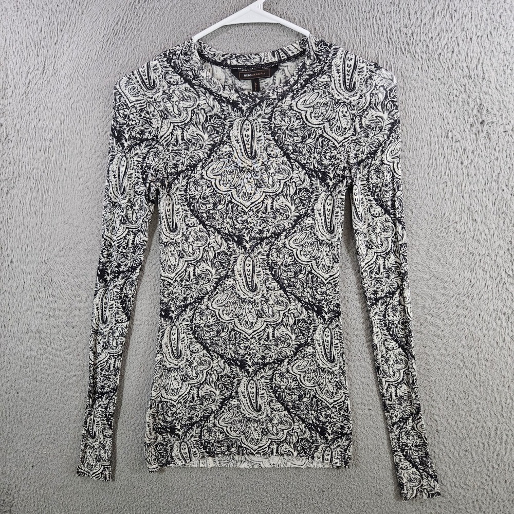 BCBGMAXAZRIA Womens Small Black White Paisley Medallion Long Sleeve Modal Top